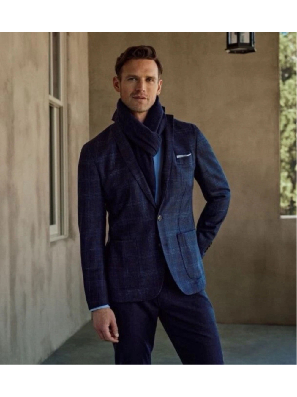 Peter Millar Crown Crafted Sport Coat Blazer Wool/Silk/Linen 48L Navy Windowpane